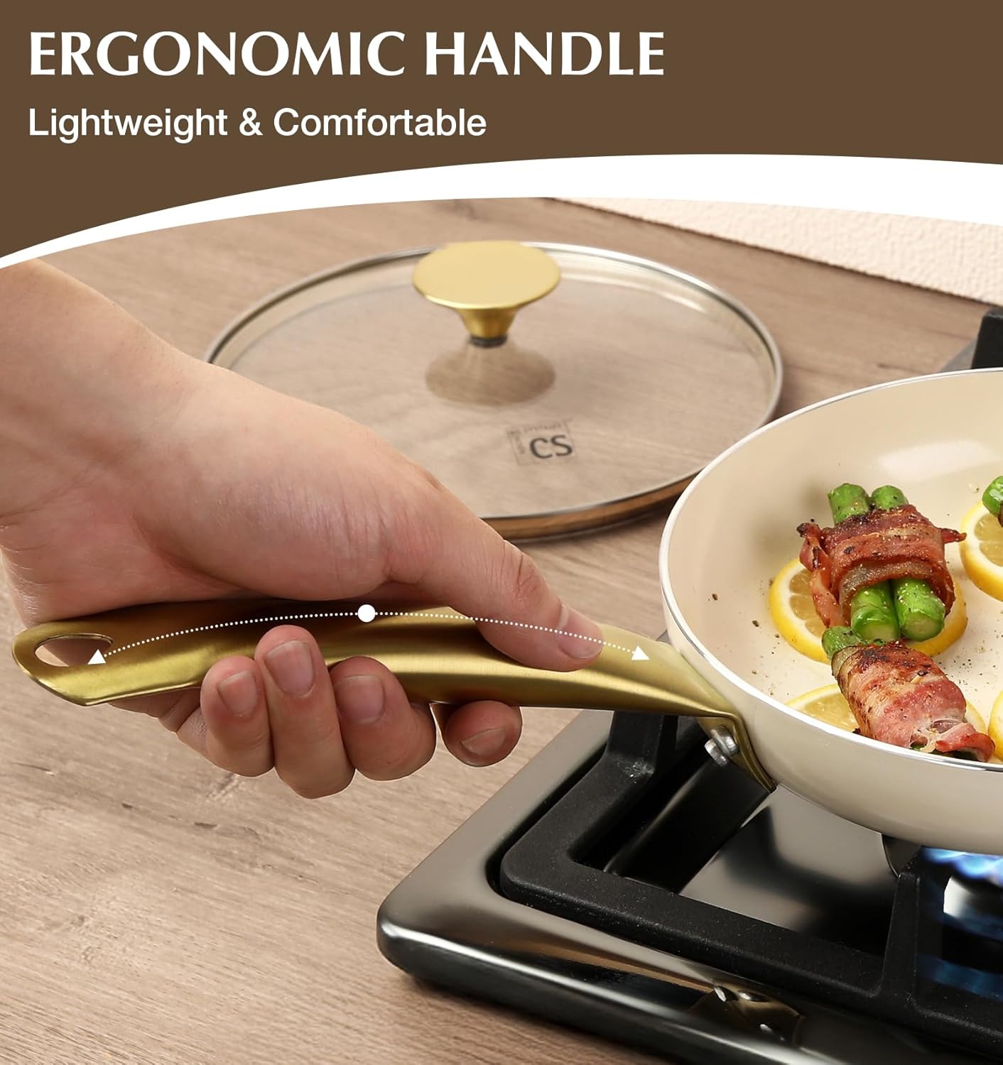 KOCH SYSTEME CS Nonstick Frying Pan with Lid, 10 Inch Non-Stick Skillet with Gold Stainless Steel Handle, Omelet Pan with Nonstick Ceramic Coating, PFOA Free, Induction & Oven Safe, Cream White