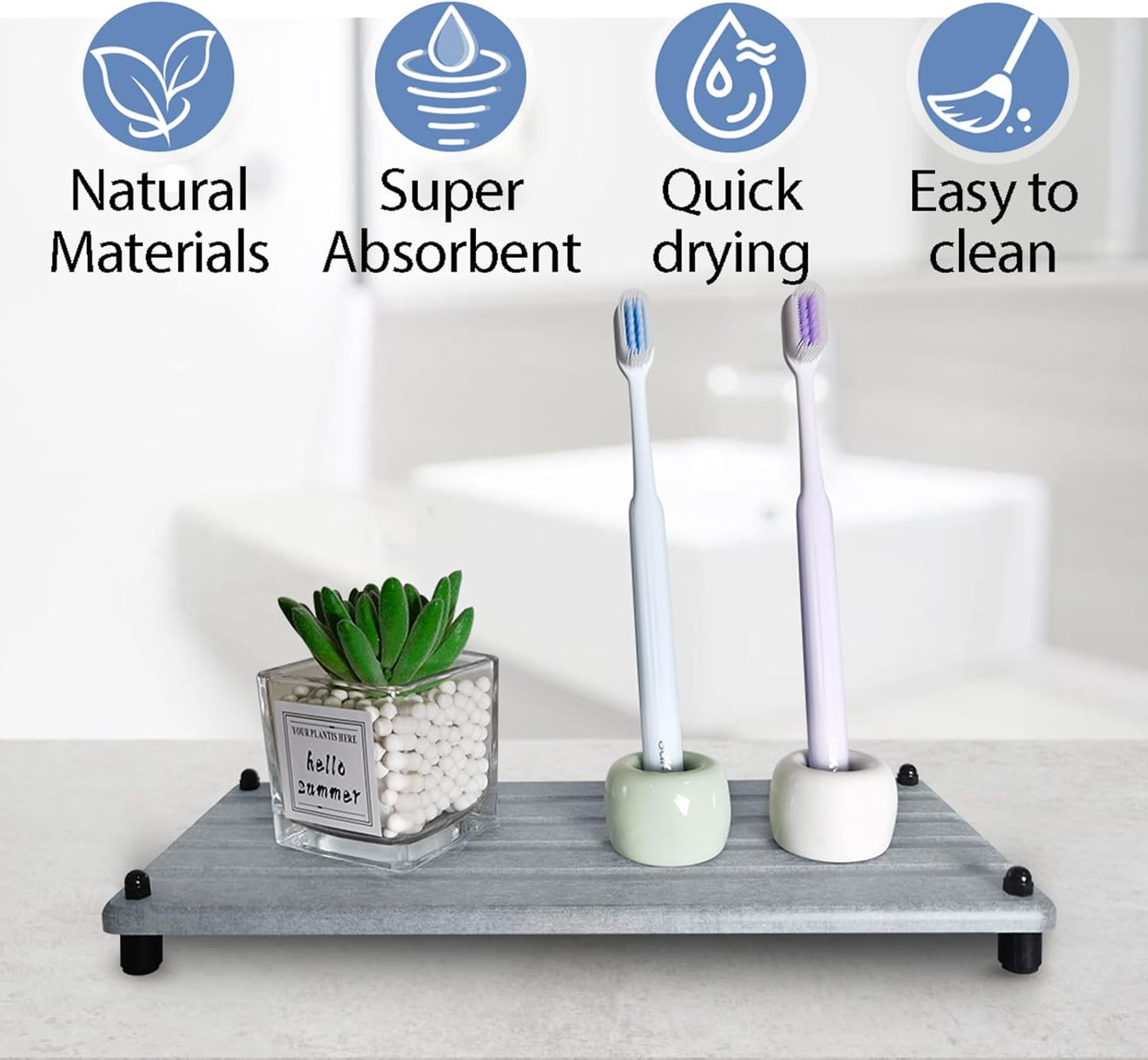 2 PCS Water Absorbing Stone Trays for Bathroom Counter, Fast-Drying Faucet Mat for Kitchen Sink, Diatomite Sink Caddy, Hand Soap Holder with Anti-Skid Feet(11" x 4.7" Gray)