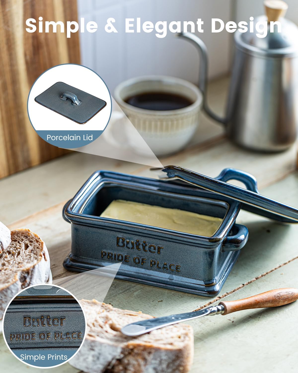 Butter Dish with Lid, Porcelain Butter Dish for Countertop Large Butter Keeper Butter Holder Container for East West Coast Butter, Blue