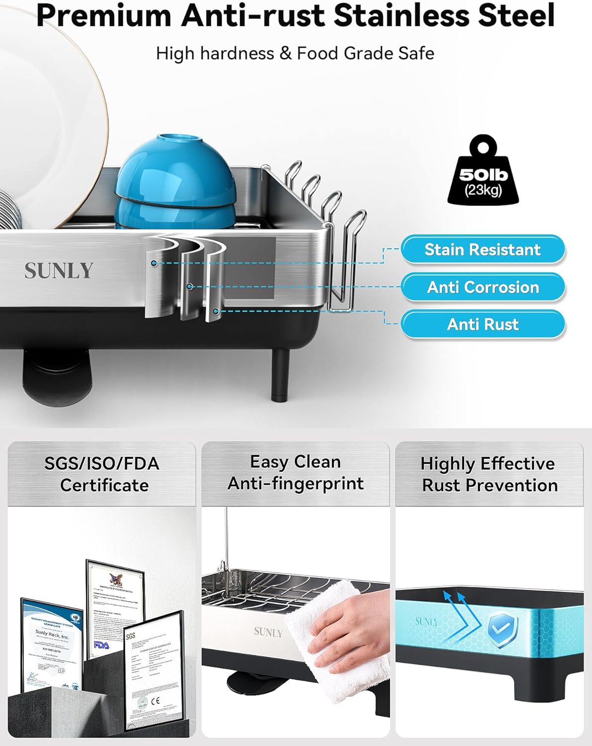 SUNLY Large Dish Drying Rack, Expandable Dish Racks for Kitchen Counter, Space Saving 304 Stainless Steel Drying Rack Kitchen, Extra Large Drainer with Multifunctional Flip Up Pegs, Gray