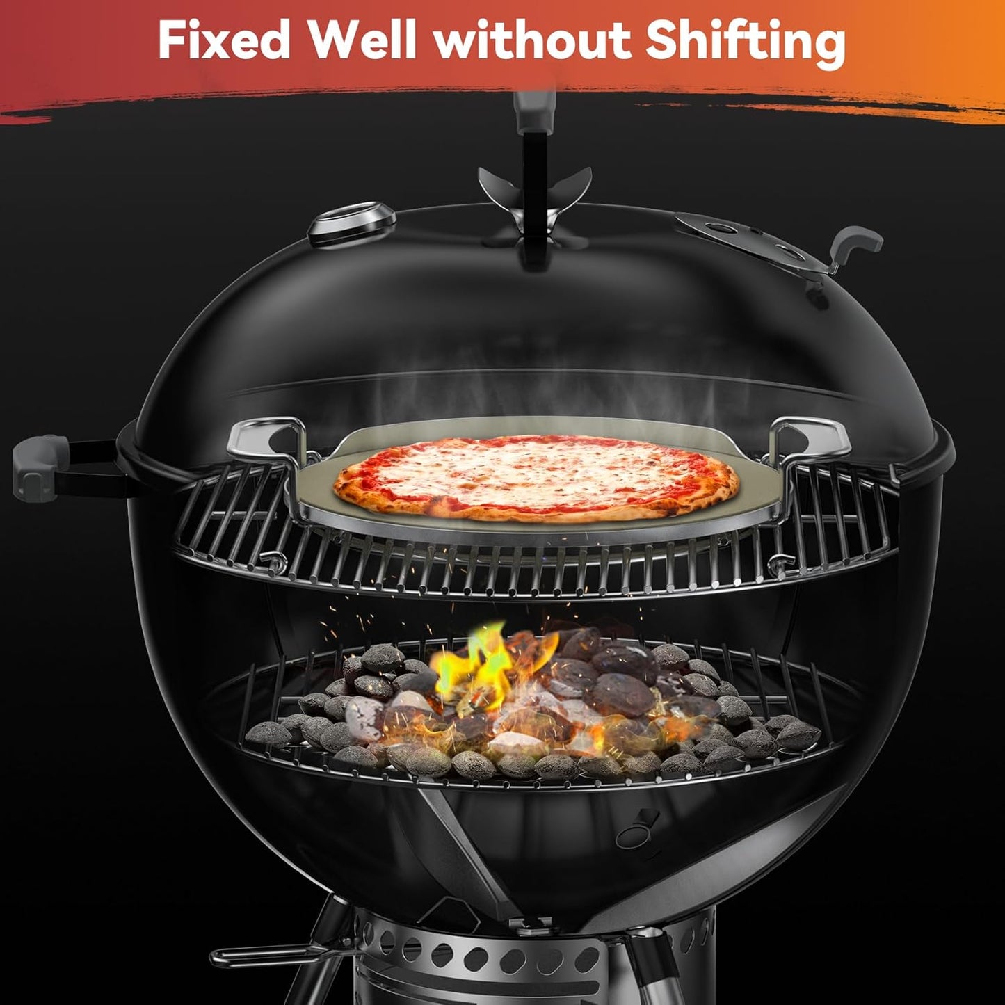 Skyflame Gourmet BBQ System Pizza Stone, 13-inch Baking Stone with Stainless Steel Carry Rack, Compatible With Weber 8836, Kettle Charcoal/Smoke/Gas/Ceramic Grills, Pizza Oven