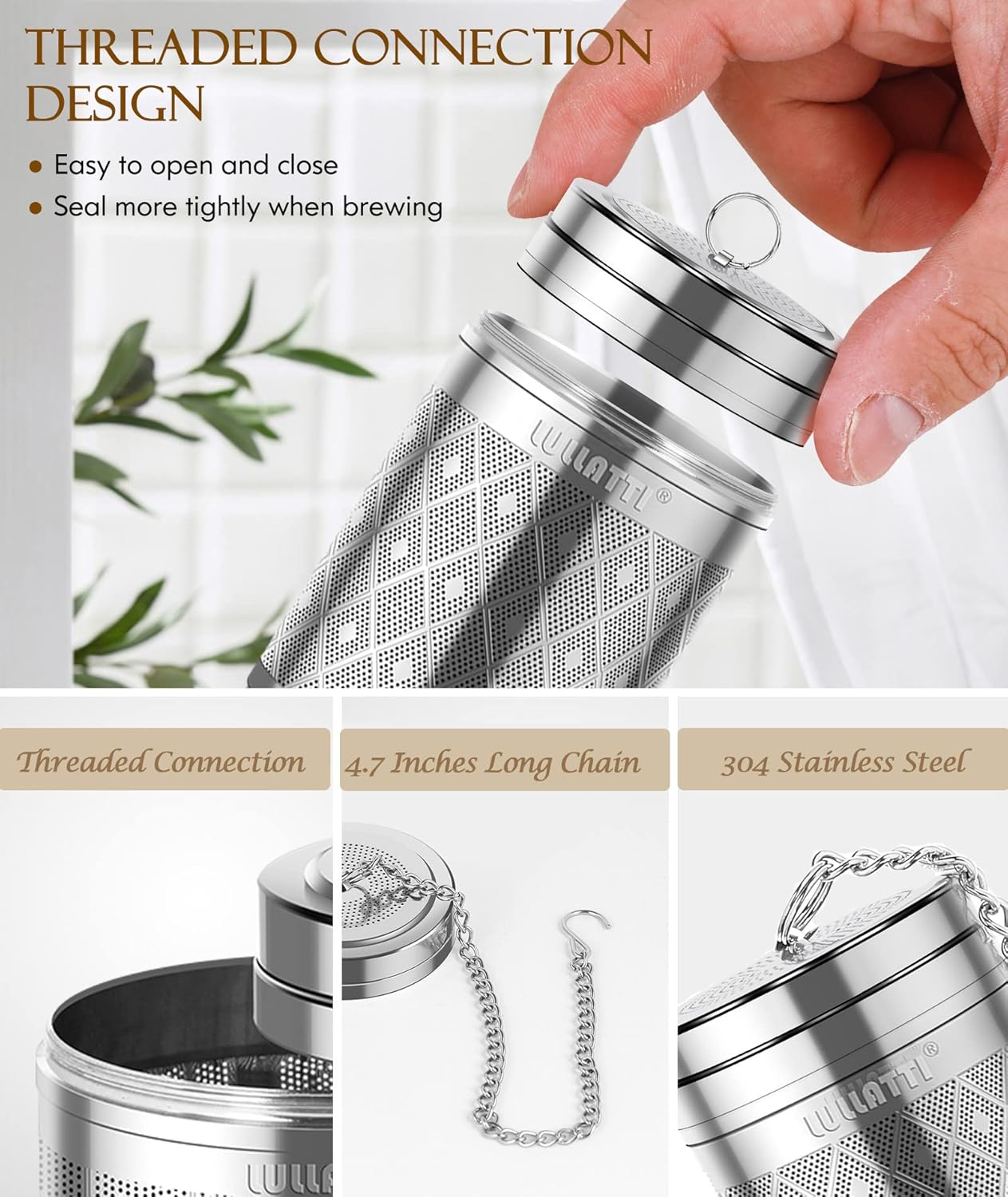 Tea Infuser (1 Pack), Extra Fine Mesh Loose Leaf Tea Steeper with Diamond Pattern & Extended Long Chain, 18/8 Stainless Steel Tea Ball Strainer for Brewing All Kinds of Tea