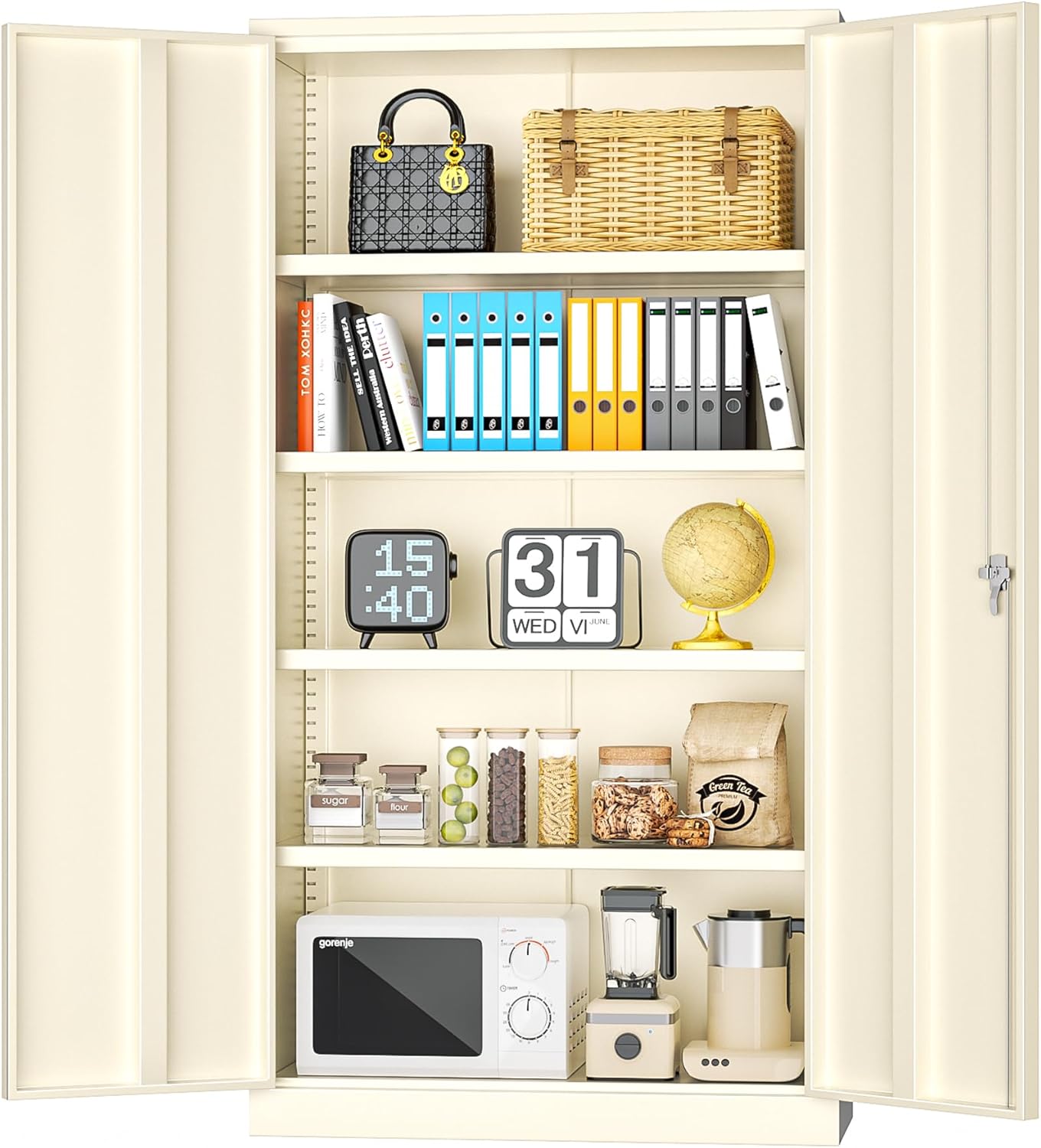 INTERGREAT Metal Garage Storage Cabinet, Black Lockable File Cabinet with 2 Doors and 4 Adjustable Shelves, Tall Steel Tool Cabinets for Office, Home, Garage, School, Gym