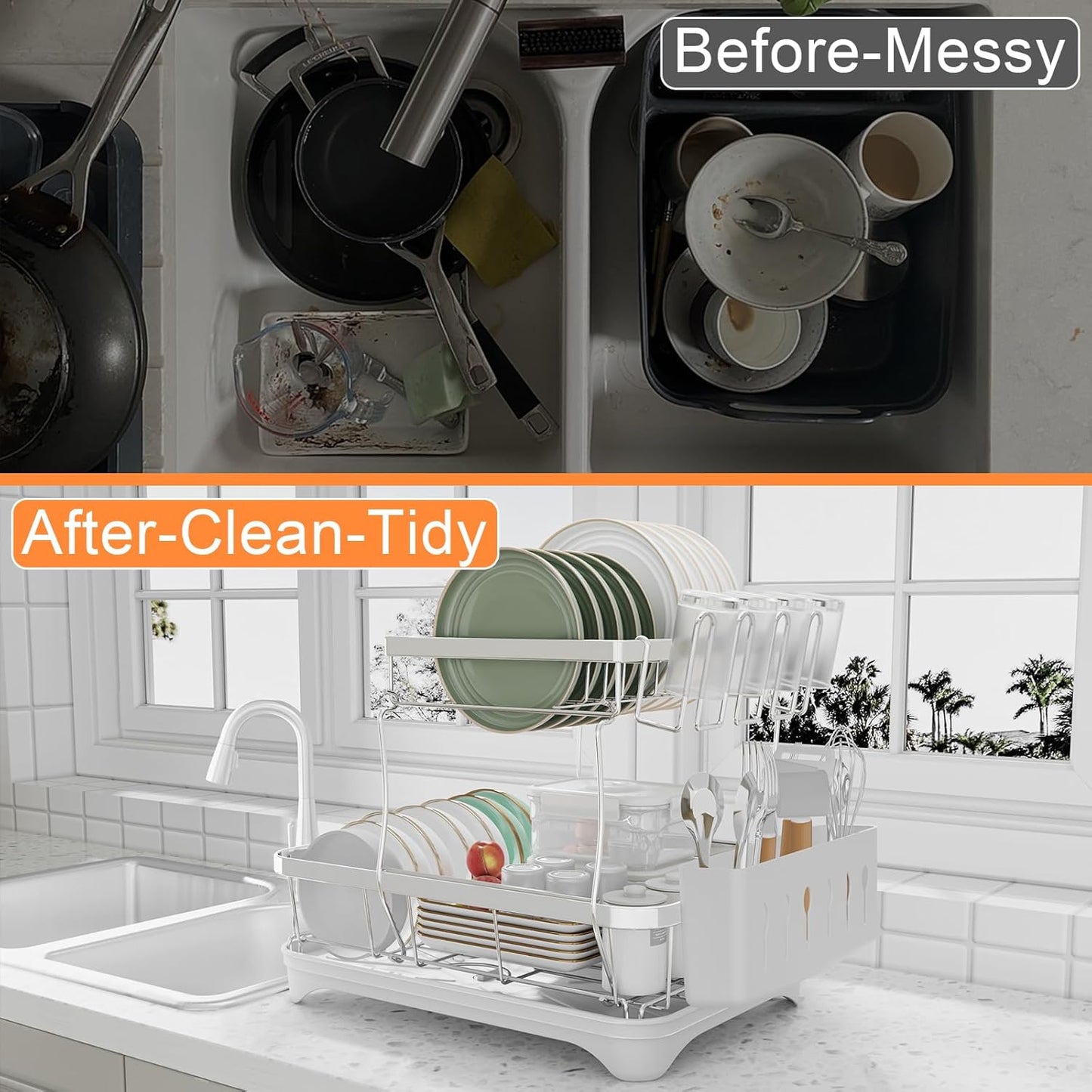 Dish Drying Rack - 304 Stainless Steel Dish Rack for Kitchen Counter, Adjustable Spout Auto-Draining Dish Rack, 2-Tier Kitchen Organizers and Storage Rack with Drainboard and Cutlery Holder White