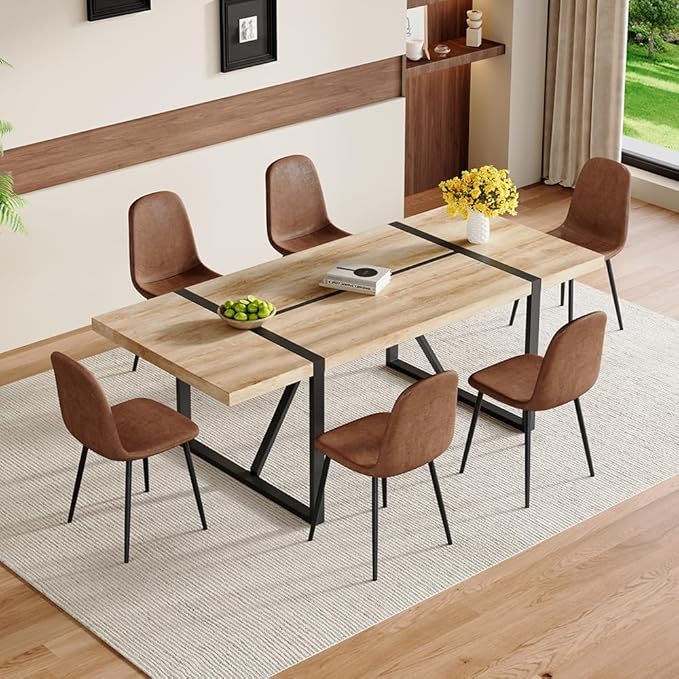 86.6" Dining Table Set for 6, Modern 7 Piece Wood Kitchen Table and Chairs Set, Rectangle Dining Room Table with 6 Upholstered Suede Chairs, Ideal for Apartment, Kitchen, Dining Room
