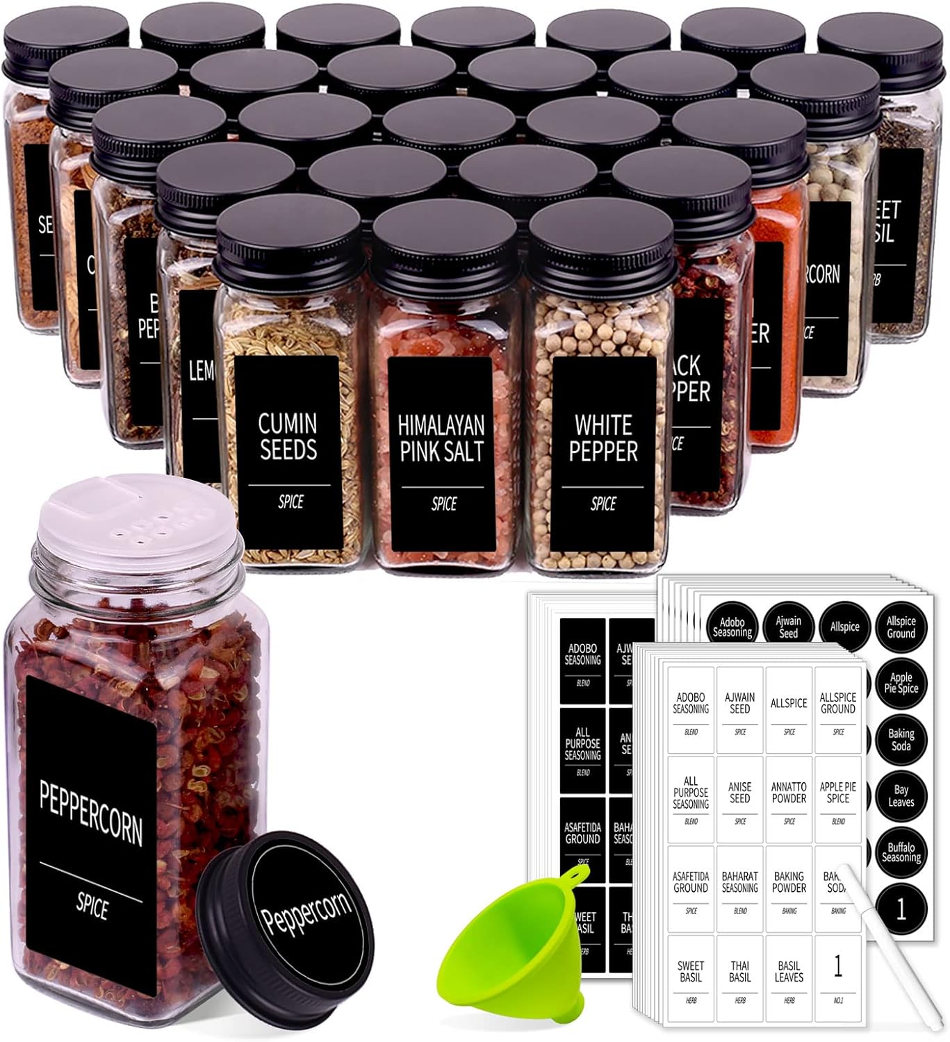 Churboro 36 Spice Jars with 547 Labels- Glass Spice Jars with Black Metal Caps, 4oz Empty Spice Containers with Shaker Lids, Funnel, Chalk Pen, Square Seasoning Bottles for Spice Rack, Drawer, Cabinet