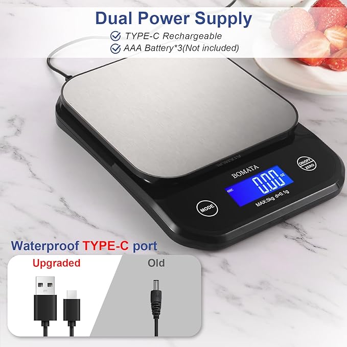 BOMATA Waterproof Kitchen Scale, 0.1g/0.01oz High Precision, 5kg/11lb, Washable, USB Rechargeable, Digital Scale for Food,Cooking, Baking, Weight Loss, Black&Grey