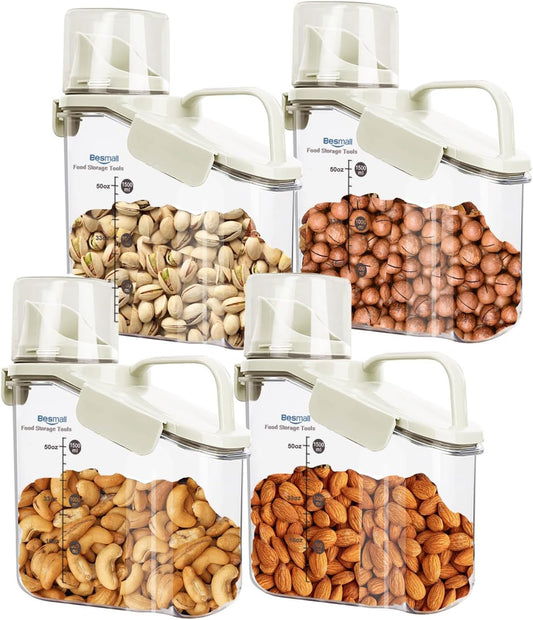 Small Cereal Containers Storage with Pour Spout and Measuring Cup Food Storage Containers Airtight Plastic Dry Food Dispenser for Flour, Grain, Rice, White, 1.6L / 54oz (4pcs)
