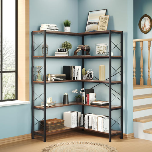 5-Shelf Corner Bookshelf, Vintage Industrial L-Shaped Bookshelf Etagere Bookcase, Large Book Shelf with Metal Frame Open Storage Corner Cabinet (Retro Brown-5 Shelf)