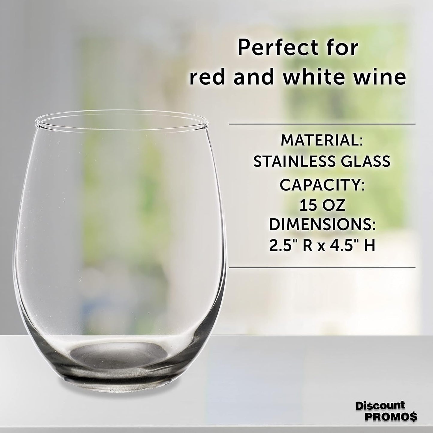 DISCOUNT PROMOS Stemless Wine Glasses in Bulk by ARC Perfection, 15 oz, 10 pack, Red or White Wine Glass Set, Black