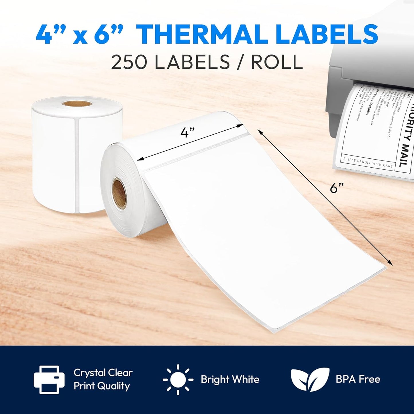 4x6 Direct Thermal Label, Barcode Address Mailing Name Shipping Labels, Perforated Thermal Stickers, Multipurpose, Commercial Grade for Thermal Printer, Strong Adhesive, 250/Roll, 4 Rolls