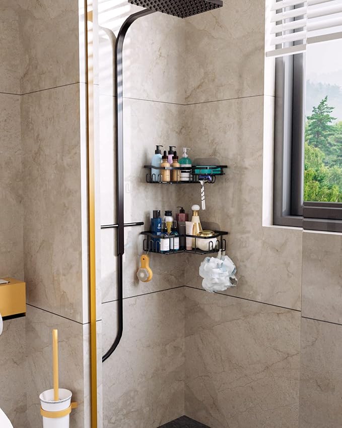 HapiRm Corner Shower Caddy with Shampoo Holder, 2-Pack Shower Organizer Shower Storage Shelf with 11 Hooks, No Drilling Rust Proof Stainless Steel Corner Shower Shelf with 6 Pack Adhesives (Black)
