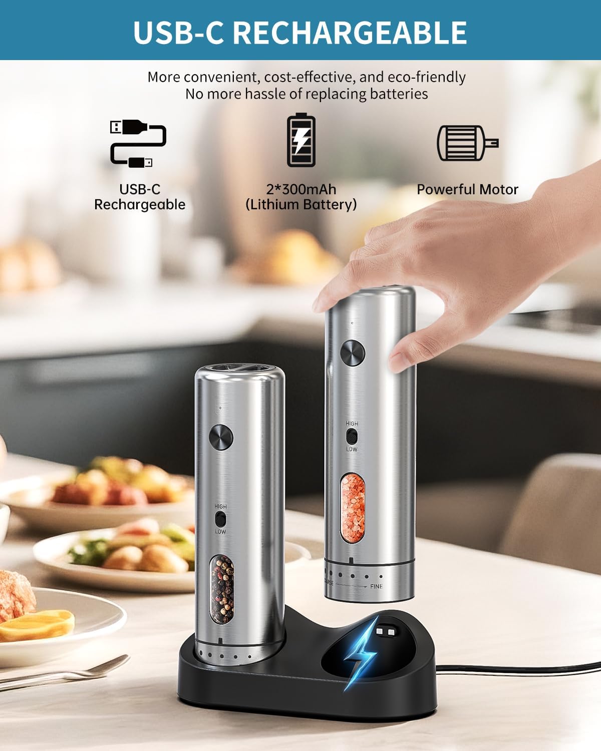 CIRCLE JOY Electric Salt and Pepper Grinder Set with Rechargeable Base Upgraded Stainless Steel Automatic Salt and Pepper Shakers with 2 Grinding Speeds, External Adjustment and 176ml Capacity, Silver