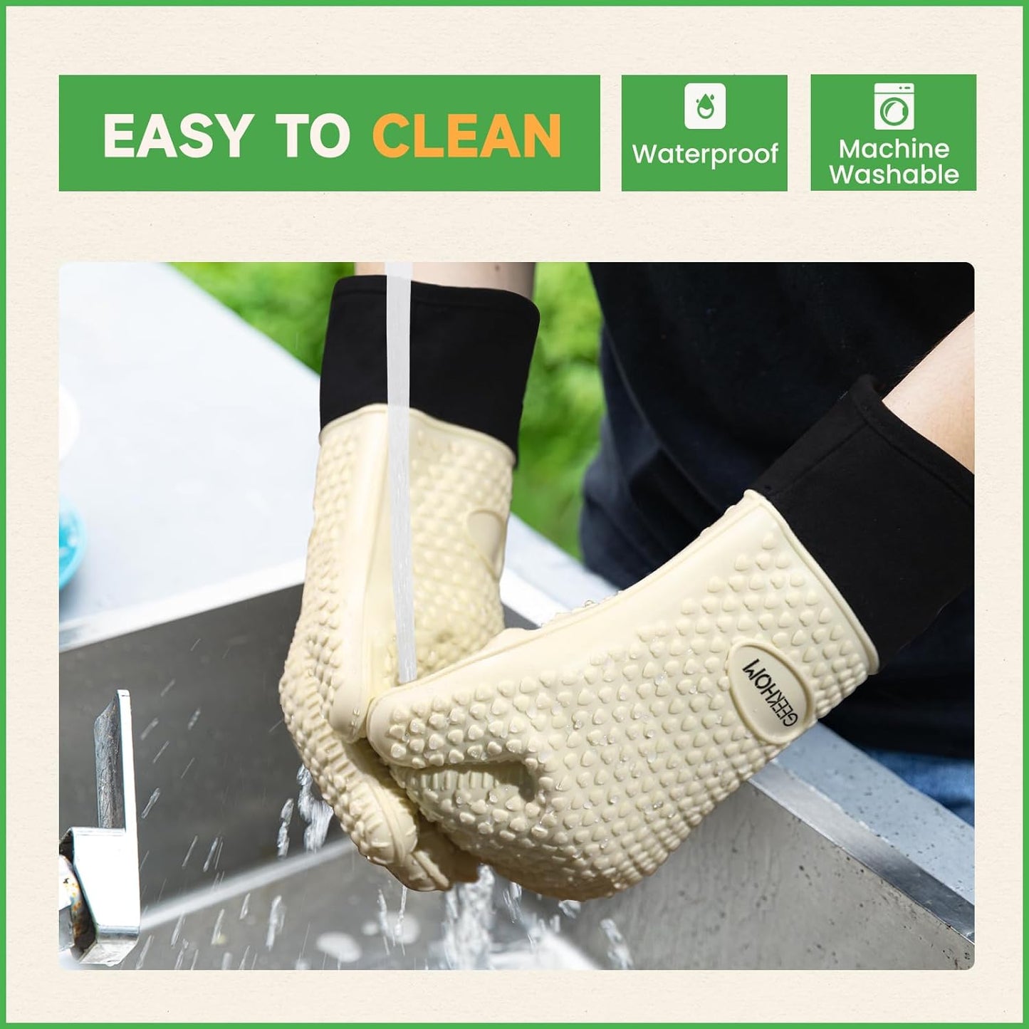 GEEKHOM BBQ Gloves Heat Resistant Oven Mitts - Silicone Grilling Gloves with 13.7" Arm Protection - Waterproof Pot Holder Non-Slip for Men & Women, Kitchen Outdoor Cooking, Baking, Camping, Mint Beige