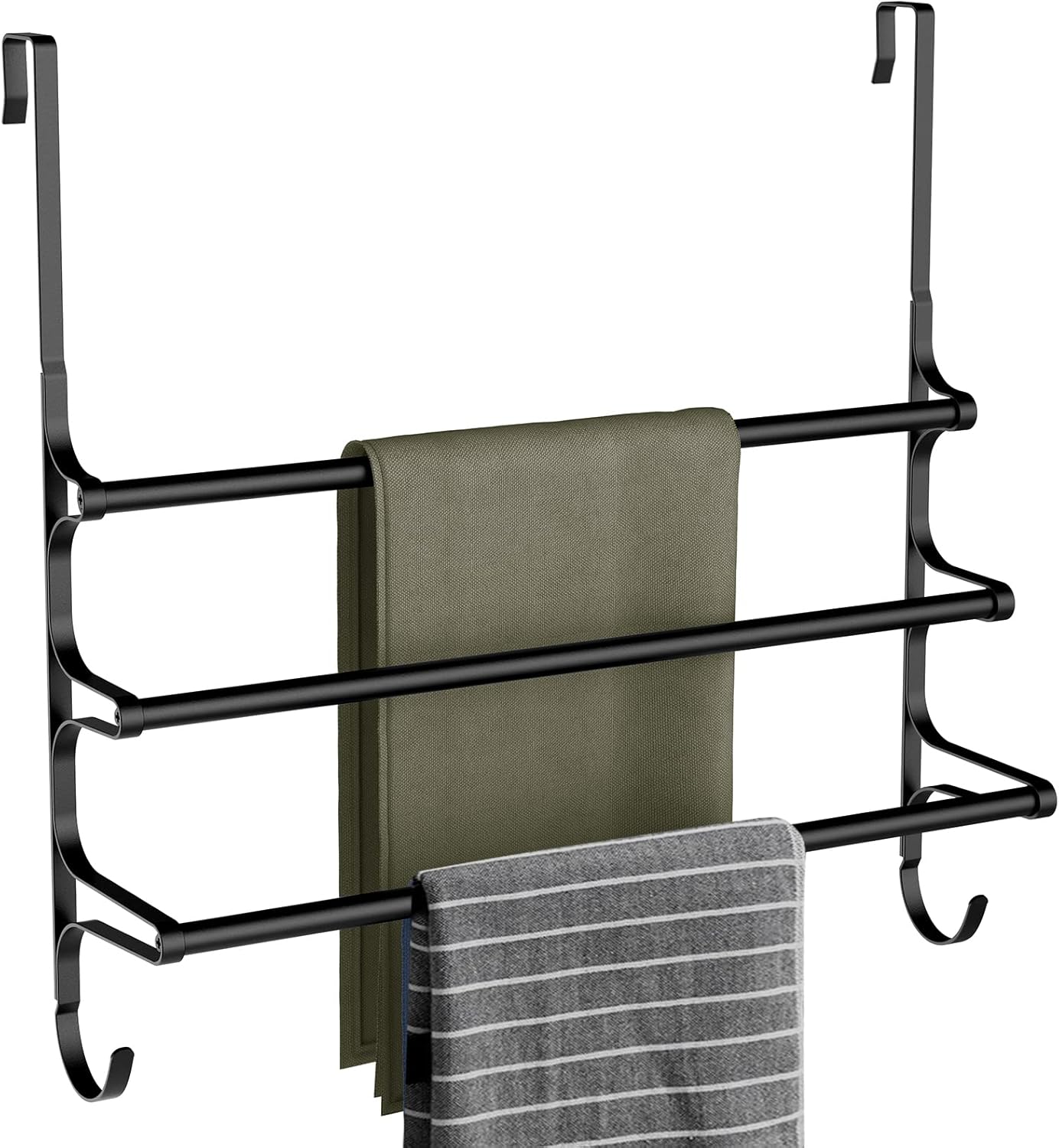 Over The Door Towel Rack, Triple Towel Storage Holder with Hooks, 24.02 Inches Towel Bar Hanger Towel Racks for Bathroom (Black)