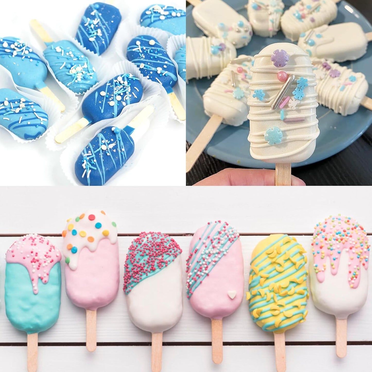 Ouddy Life Popsicle Molds Set of 2, Ice Pop Molds Silicone 4 Cavities Ice Cream Mold Oval Cake Pop Mold with 50 Wooden Sticks for DIY Popsicle, Green Blue