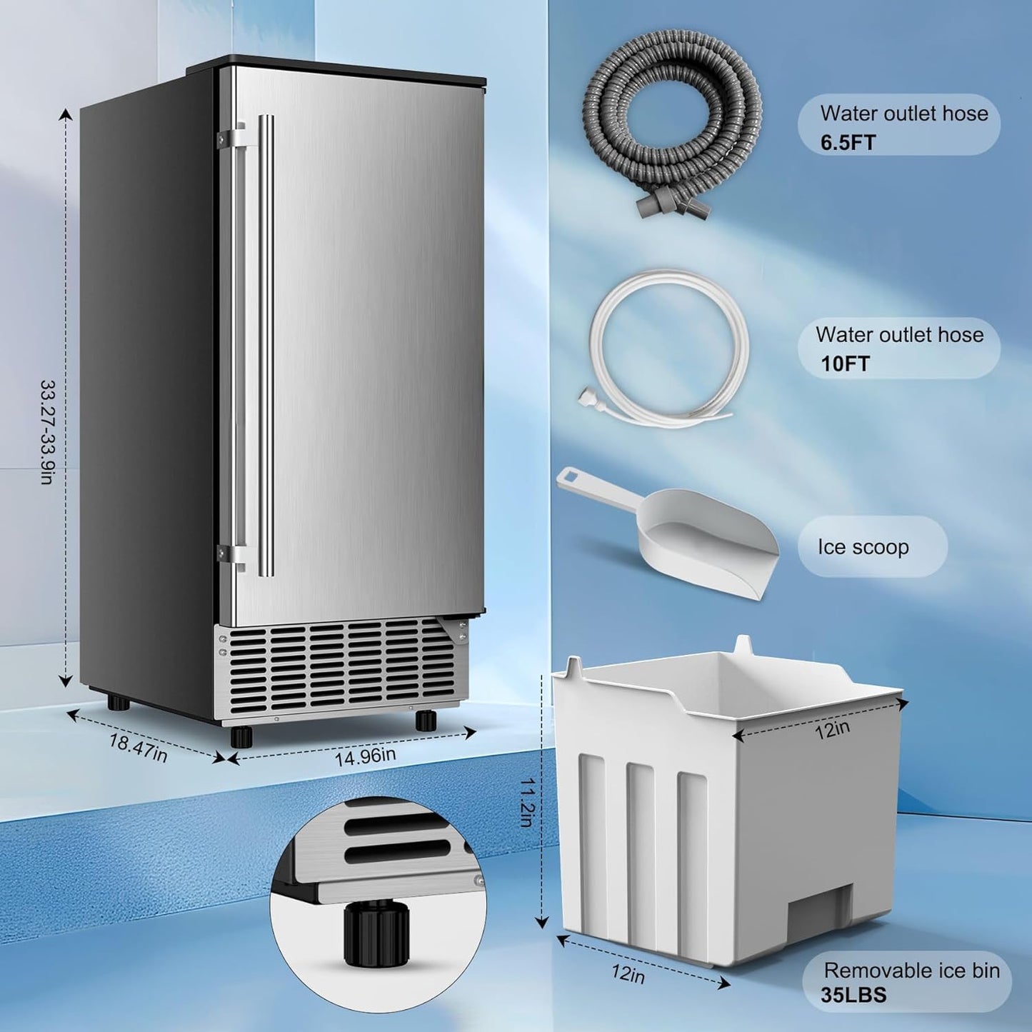 Built in Ice Machine, 95Lbs/Day with 35lbs Storage Bin, 40Pcs Cubes in 10Mins, Reversible Door, Under Counter Ice Maker for Home Office Commercial, Ice Maker Machine Commercial