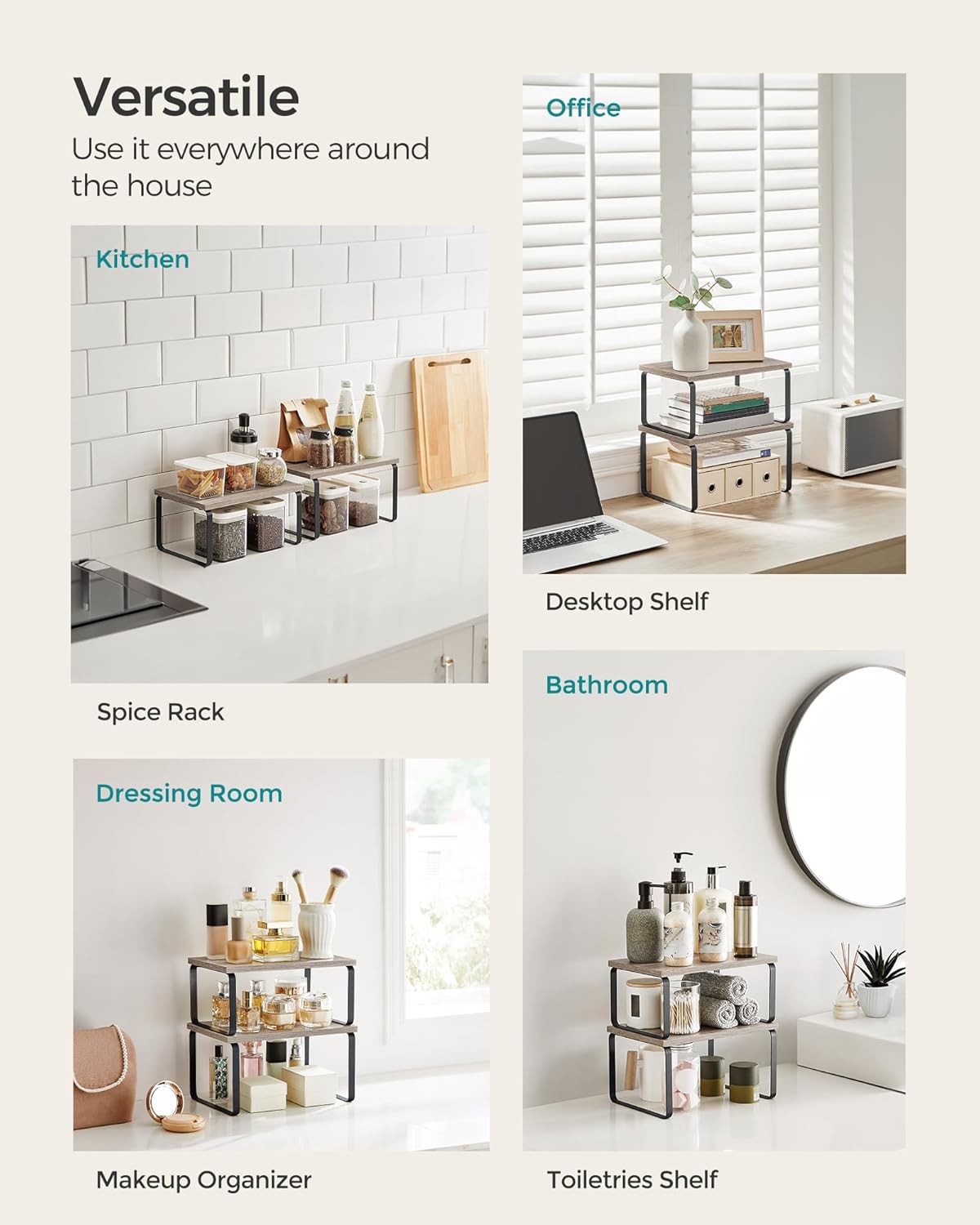 SONGMICS Cabinet Organizer Shelf, Set of 2 Kitchen Counter Shelves, Kitchen Storage, Spice Rack, Stackable, Expandable, Metal and Engineered Wood, Ink Black and Heather Greige UKCS020X02