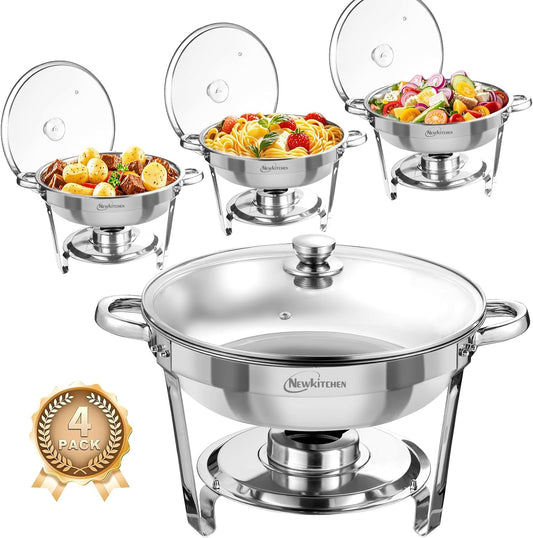 Chafing Dishes for Buffet 4 Pack, 5 QT Round Chafing Dishes for Buffet [Transparent Glass Cover] Stainless Steel Chafing Dish Buffet Set for Any Party