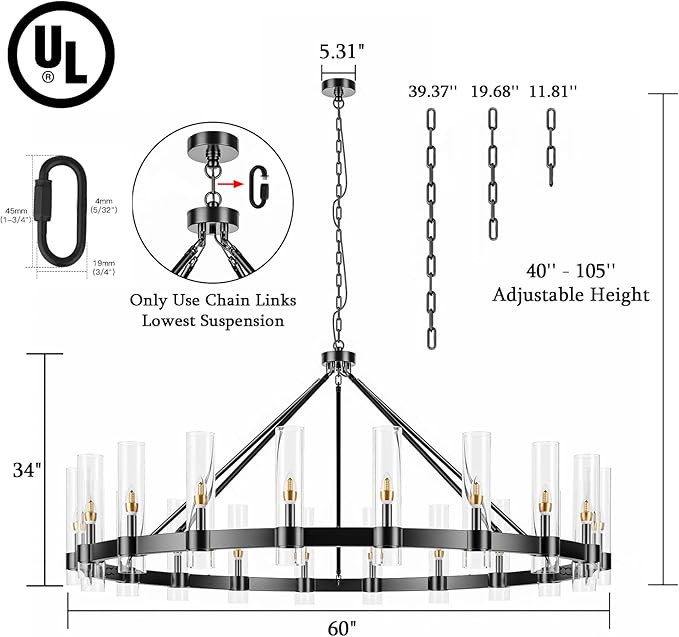 20-Lights Black Wagon Wheel Chandelier Modern Farmhouse with Glass Shade, 60 Inch Large Round Industrial High Ceilings Pendant Lighting Fixture for Dining Living Room, Kitchen Island, Foyer