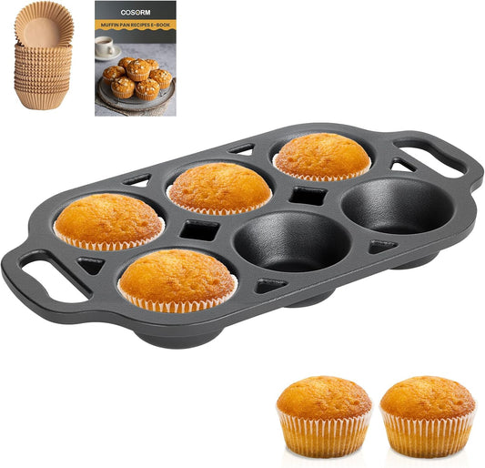 6 Cup Cast Iron Muffin Pan - Pre-Seasoned Nonstick Muffin Tin, Regular Size Cupcake Baking Pan
