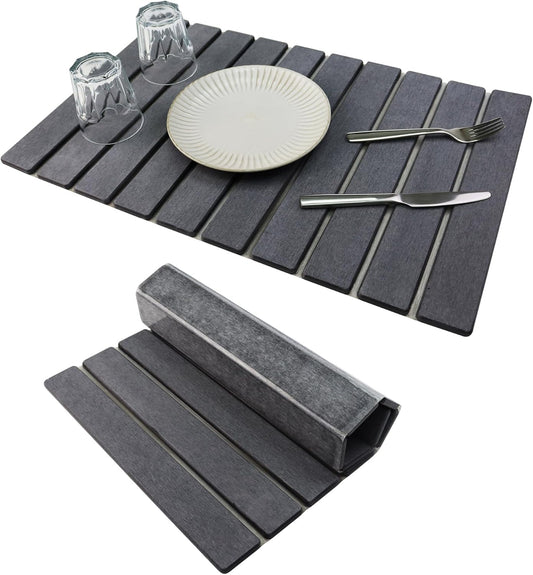 Large Stone Drying Mat for Kitchen Counter Diatomaceous Earth Collapsible 24”（L）*16”（W）Super Heat Resistant Mats, Quick Absorbent Dish Drying Rack（Dark Gray）