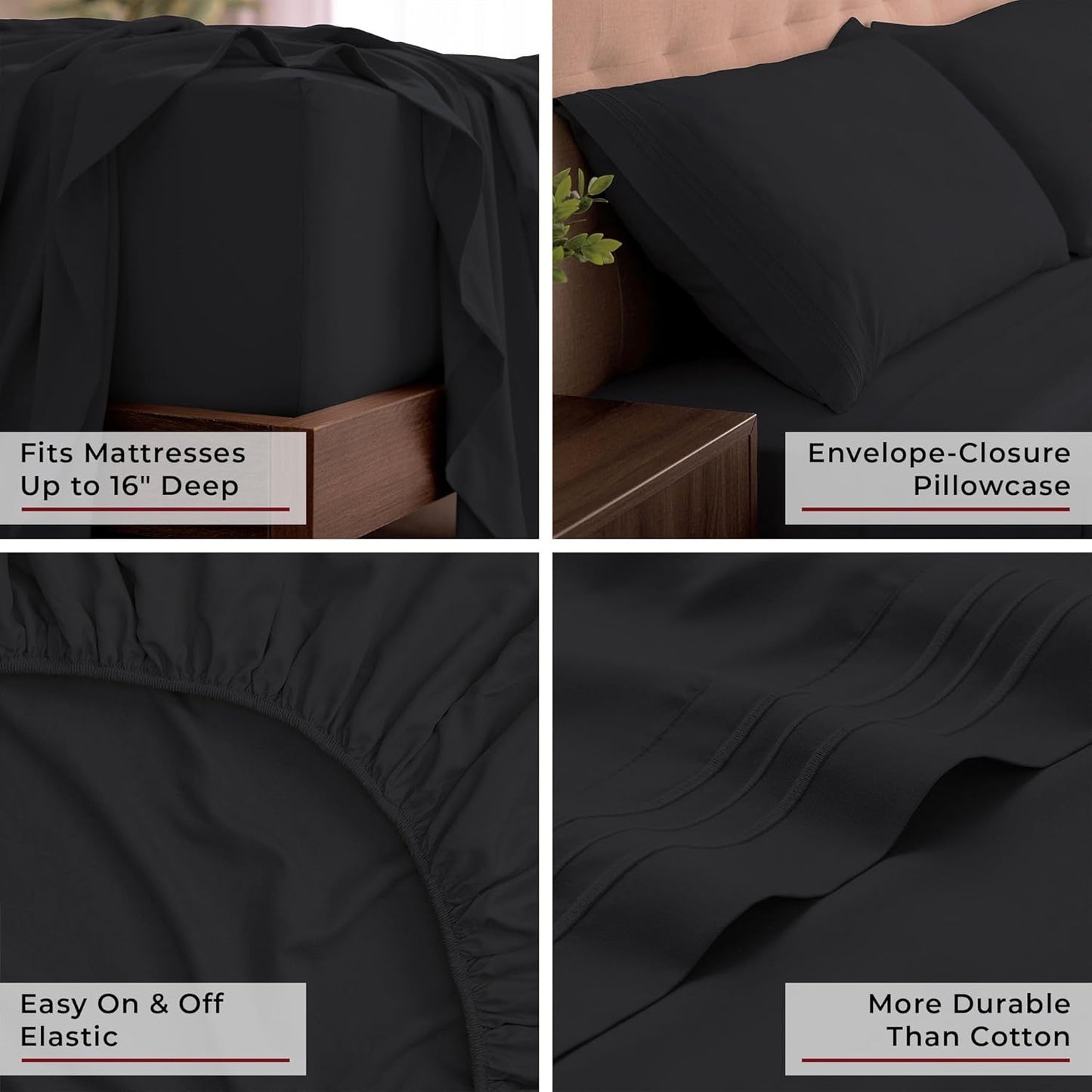 Mellanni King Sheets Set - 4 PC Iconic Collection Bedding - Hotel Luxury, Extra Soft, Cooling Bed Sheets - Wrinkle, Fade, Stain Resistant (King, Black)