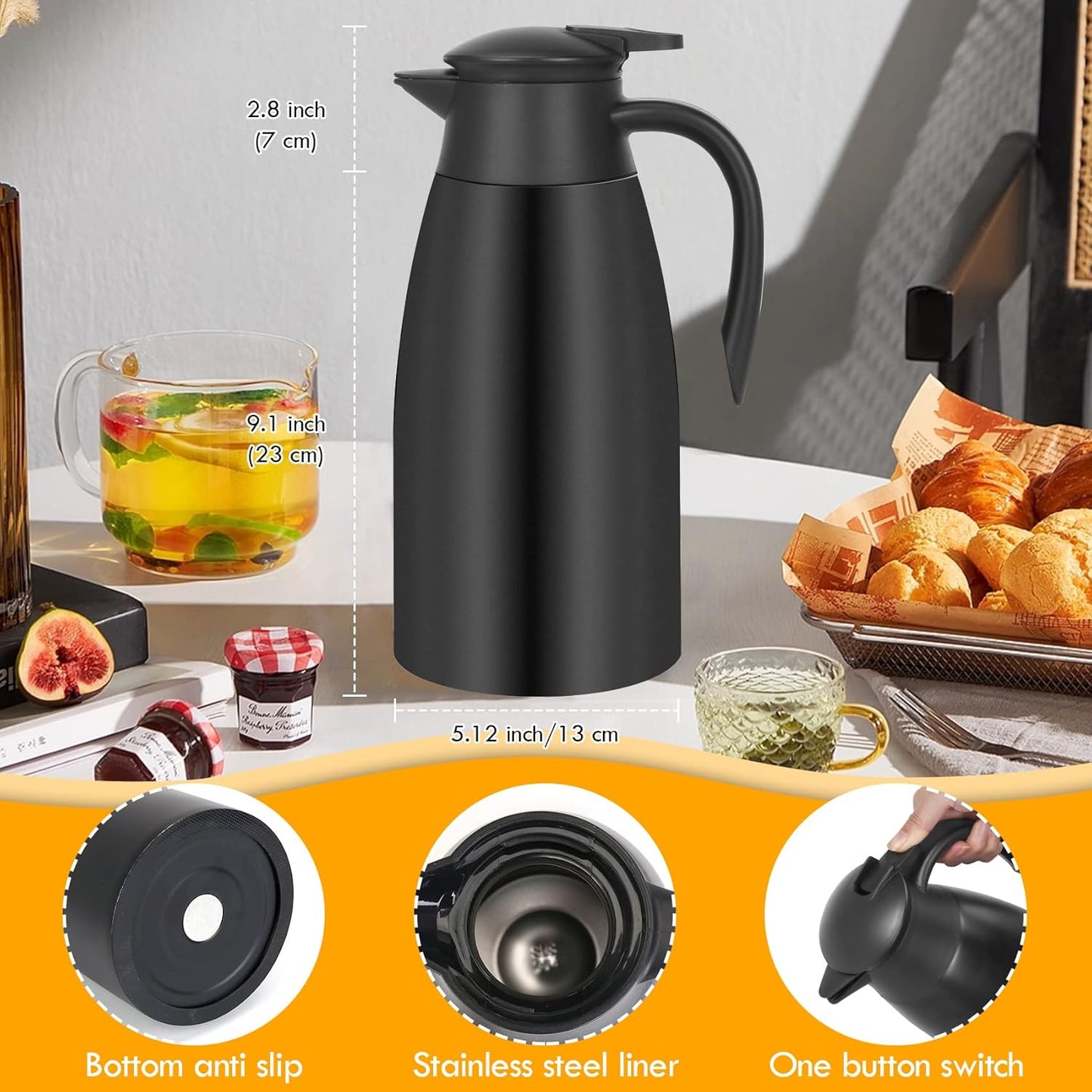 70oz Thermal Coffee Carafe Insulated Coffee Thermos, Stainless Steel Insulated Vacuum Coffee Carafes For Keeping Hot, Double Walled Insulated Vacuum Flask, Tea Water Coffee Dispenser Airpot