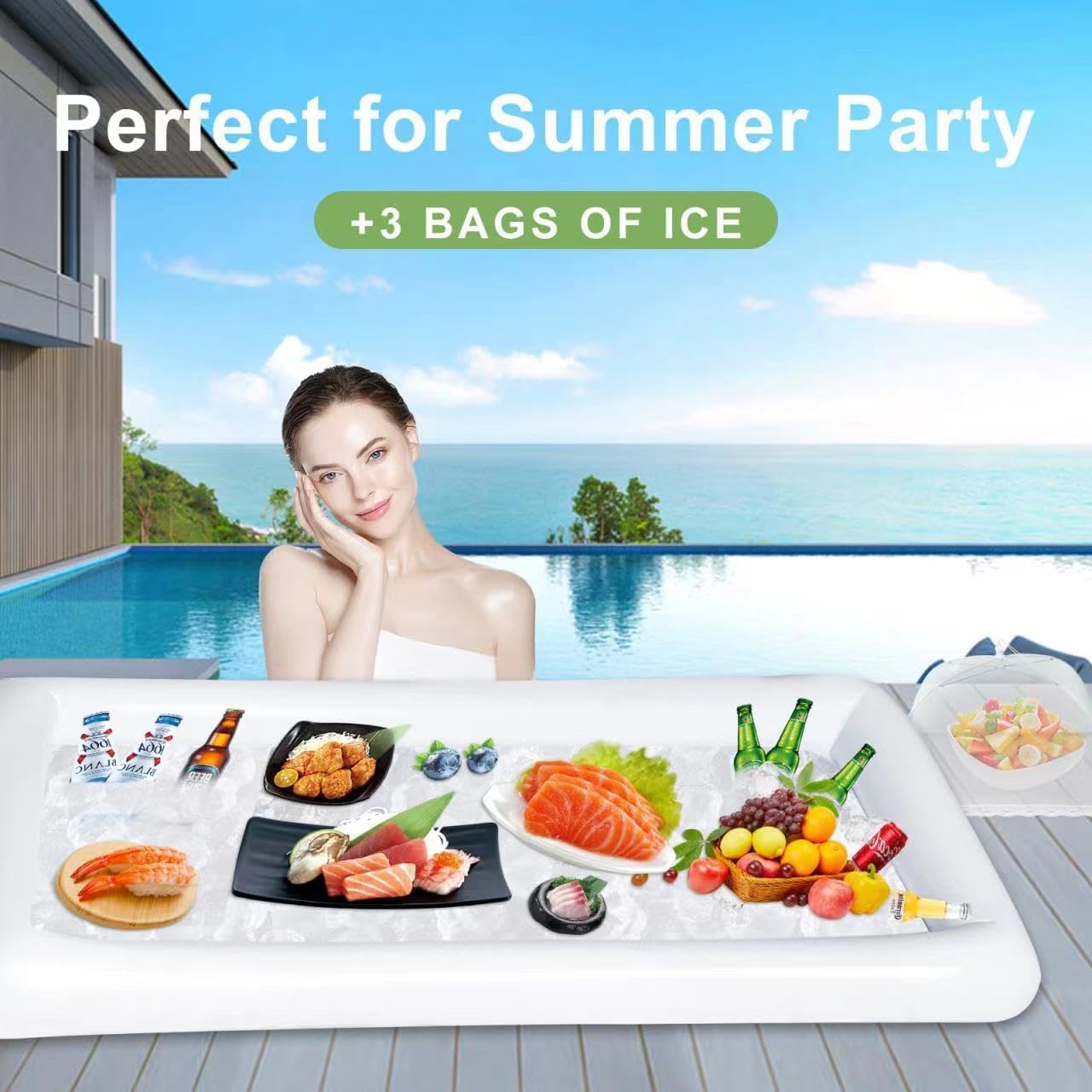 8Pack Party Supplies (food covers*3, tablecloth*1, Inflatable Serving Bars*1,Ice Bag*2, Pump*1),Pool Party Buffet Drink Cooler, Ice Tray Food Drink Containers for BBQ Picnic Pool Garden Party Wedding