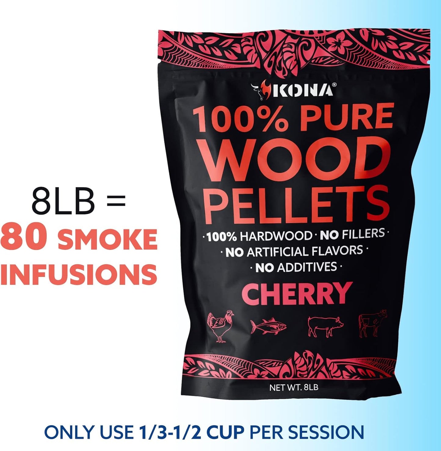 Kona 100% Cherry Wood Pellets - Concentrated, Pure, Old Growth Hardwood Grilling Pellets - for BBQ, Smoker Tubes, Grills - 8 lbs 100% Cherry