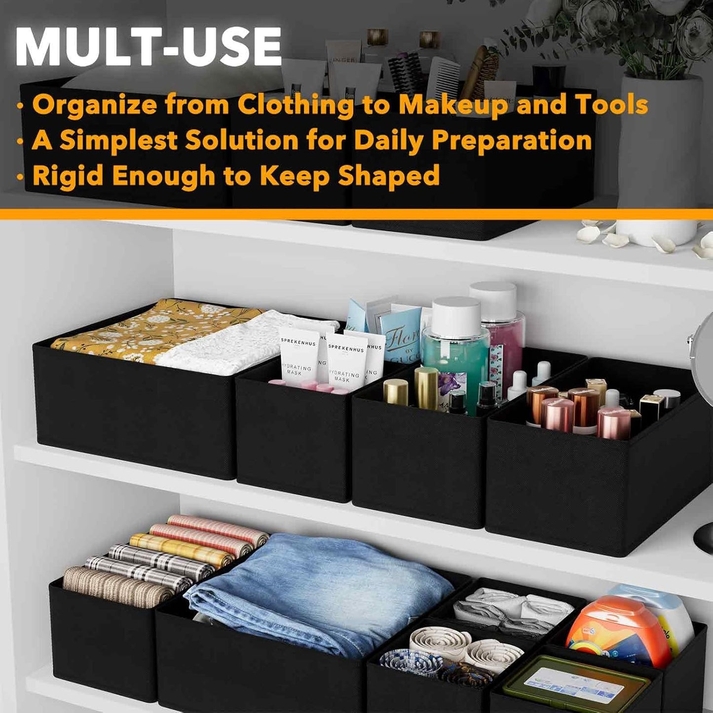 SpaceAid Drawer Organizer for Clothes, 18 Pack Dresser Drawer Organizer Bins, Closet Organizers and Storage Dividers for Clothing, Underwears, Socks (Black)