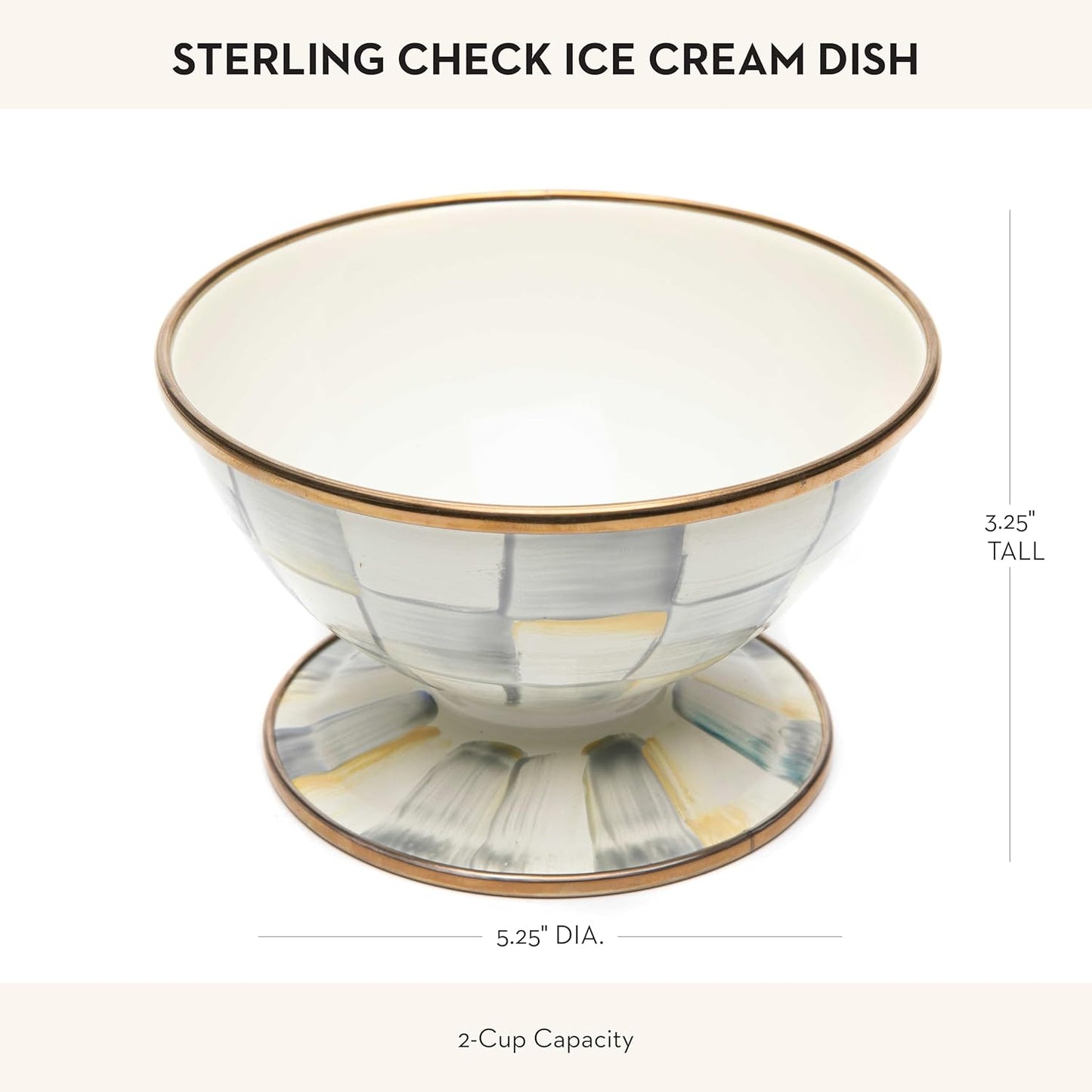 MACKENZIE-CHILDS Enamel Ice Cream Bowl, Serving Bowls for Entertaining, 2-Cup Capacity, Gray-and-White Sterling Check
