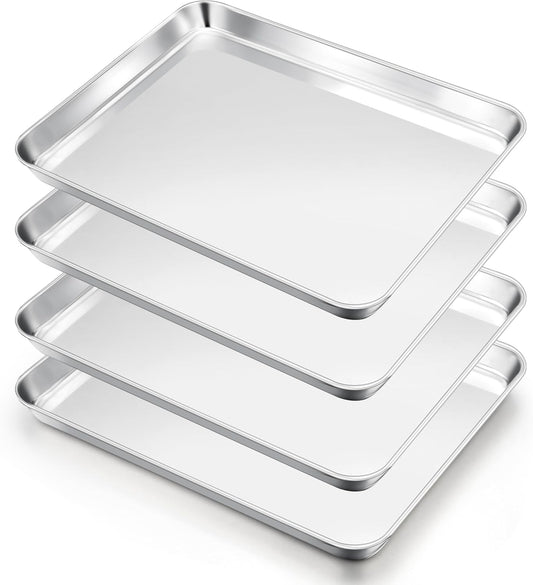 E-far Cookie Sheets Set of 4, 18”x13” Stainless Steel Baking Sheet Pans for Oven, Large Non Toxic Metal Baking Tray for Baking Roasting, Healthy & Rust Free, Mirror Finish & Dishwasher Safe