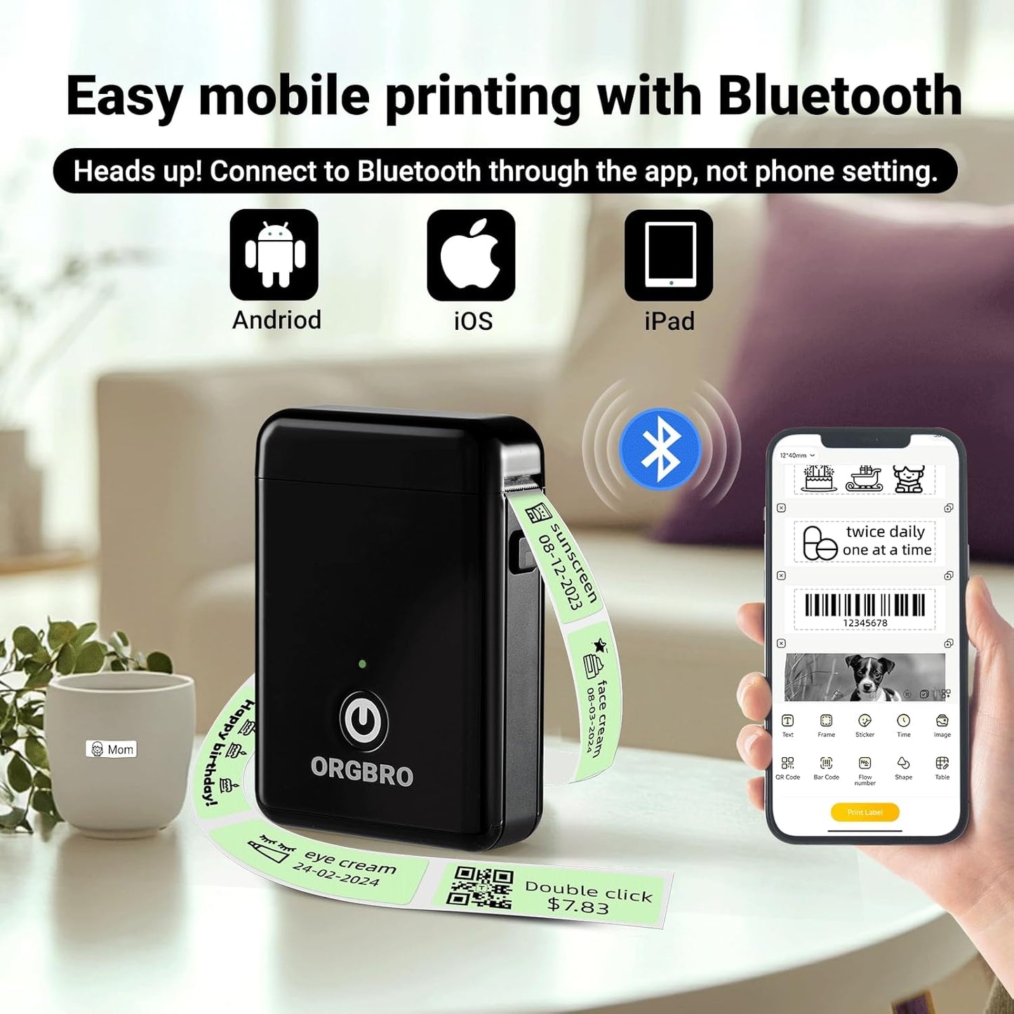 ORGBRO Label Maker Machine with Tape, X1 Portable Bluetooth Mini Label Printer, Support Pre-Cut & Continuous Label, Wireless Small Label Makers with Versatile App for School Home Office Organization