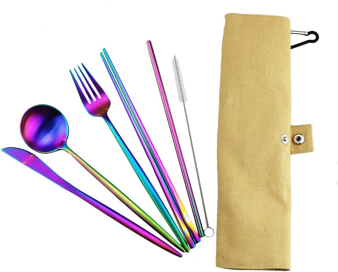 Gugrida Reusable Travel Utensils, 7 Piece Portable 304 Stainless Steel including Knife Fork Spoon Chopsticks Cleaning Brush Straws Portable Pouch, Eco-friendly Camping Silverware Set, Dishwasher Safe
