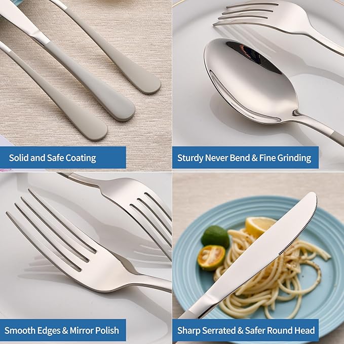 20-Piece Off White Silverware Set, 18/0 Stainless Steel Off White Handle Flatware Set, Service for 4, Modern Cutlery Set Includes Dinner Knives Forks Spoons,Mirror Polished,Dishwasher Safe