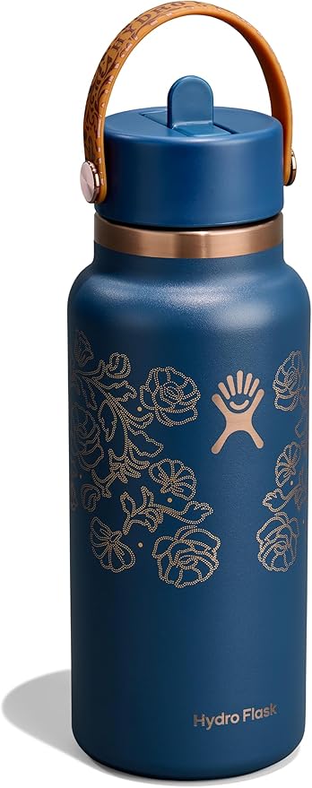 Hydro Flask Water Bottle - Insulated Stainless Steel - Wide Mouth Flex Straw Lid, Non Spill, Leakproof and Refillable in 32 Oz Western Dark Blue