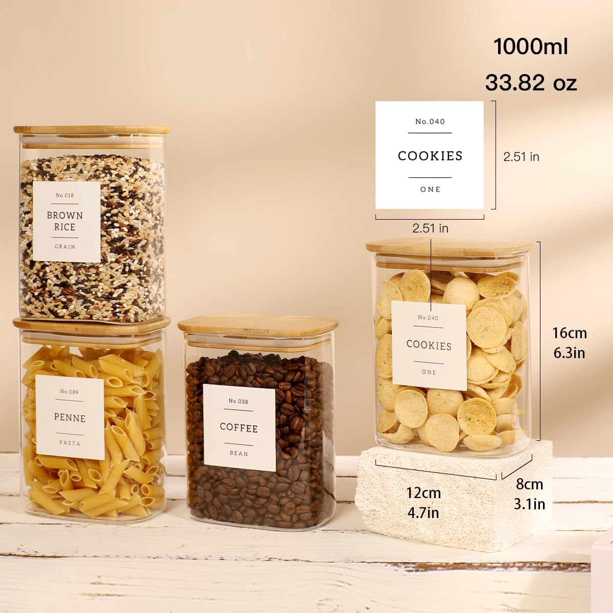 4 Pack Square Glass Pantry Storage Containers with 132 Kitchen Food Pantry Labels - 34 floz Clear Glass Pantry Jars with Airtight Wood Bamboo Lids - Glass Canisters for Tea, Cereal, Coffee, Spice