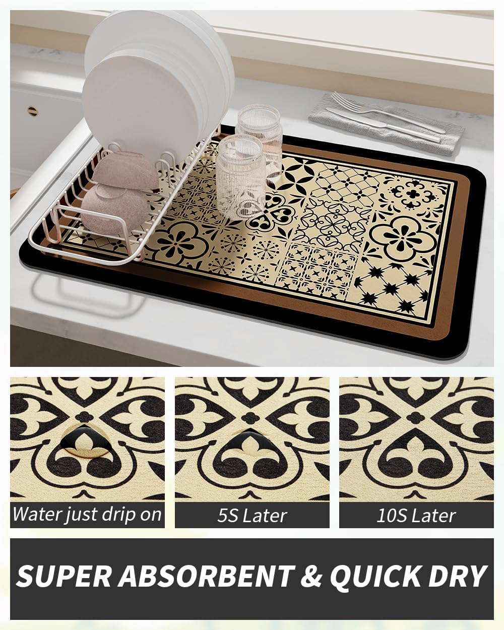 AMOAMI Coffee Mat Hide Stain Rubber Backed Absorbent Dish Drying Mat for Kitchen Counter - Fits Under Coffee Maker - KHAKI 16X24