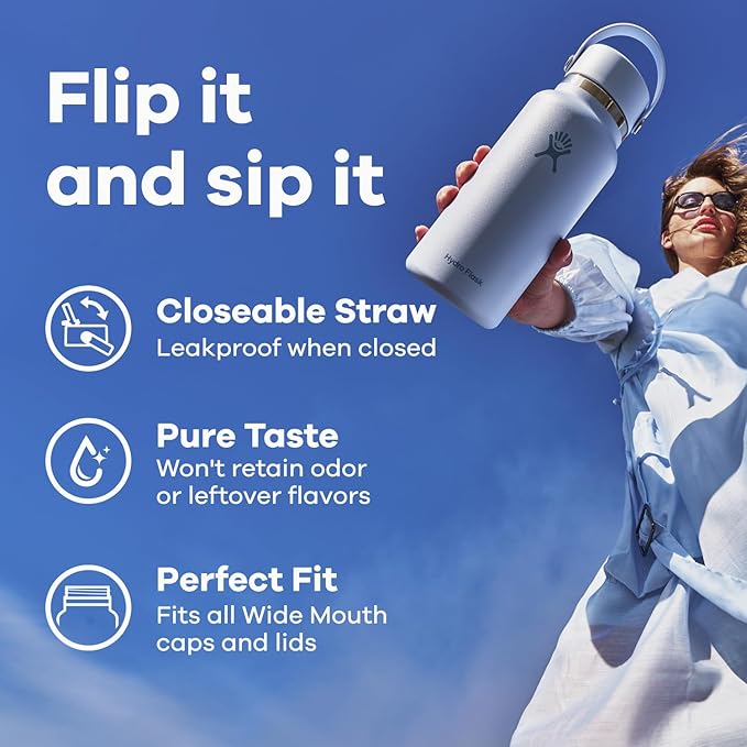 Hydro Flask Water Bottle - Insulated Stainless Steel - Wide Straw Lid, Non Spill, Leakproof in 32 Oz Cascade Blue