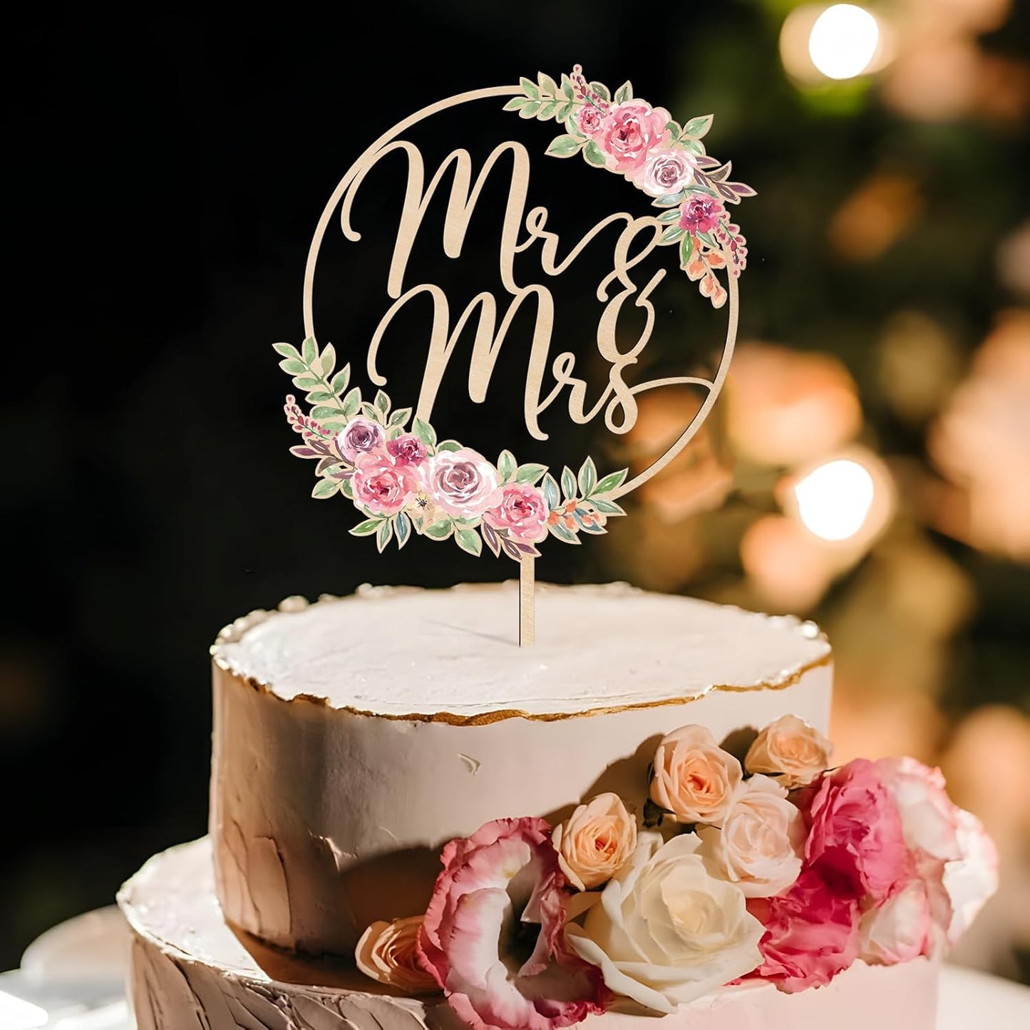 Mr & Mrs Cake Topper Floral Wedding Cake Topper in Wood (Design 01)
