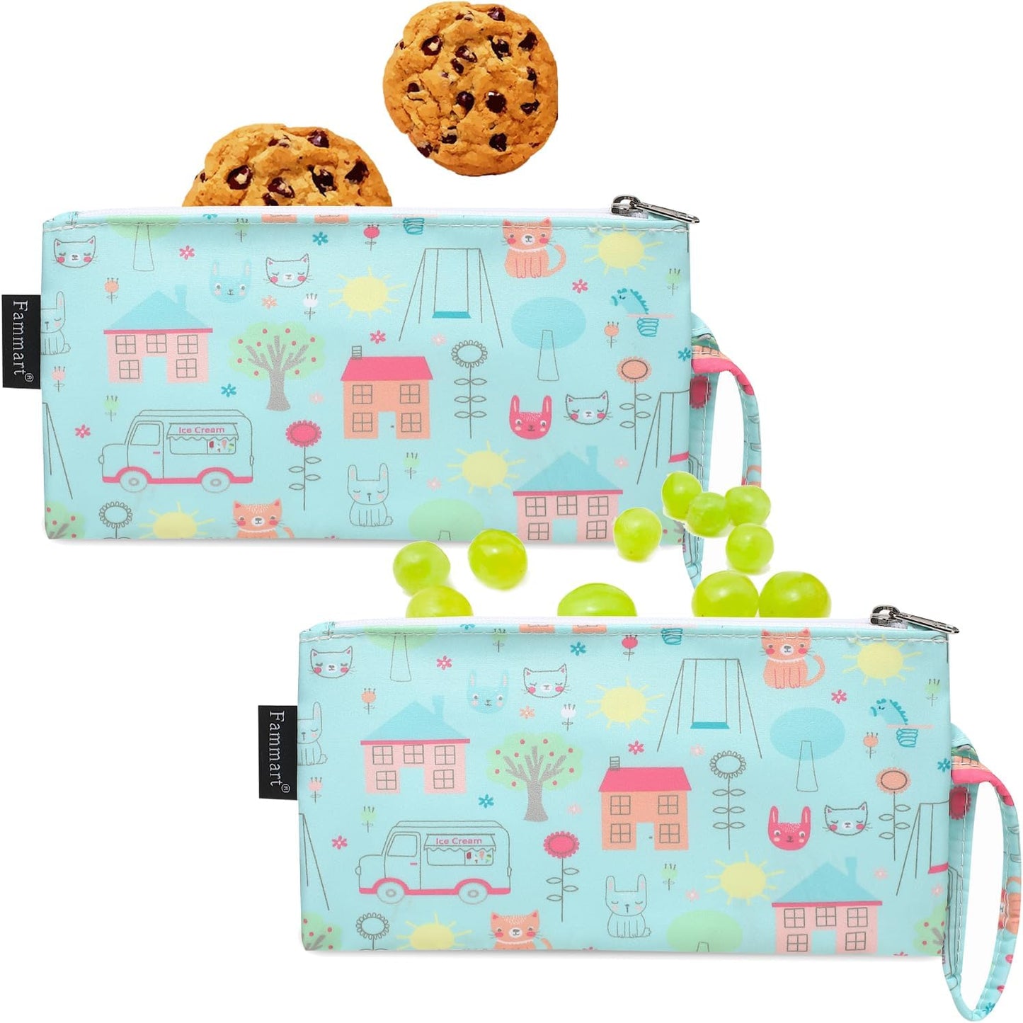 Reusable Sandwich Bag/Snack Bag for Kids & Adults, Dual Layer Lunch Bag with Handle, Washable, Food Safe, BPA Free (2-Pack, Colorful Cat)