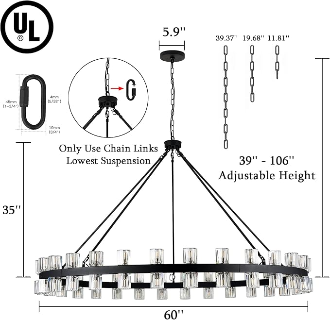 60 Inch Black Wagon Wheel Chandelier with Crystal Shade, 60 Lights, Modern Farmhouse Style, Ideal for Dining Room, Kitchen, Entryways