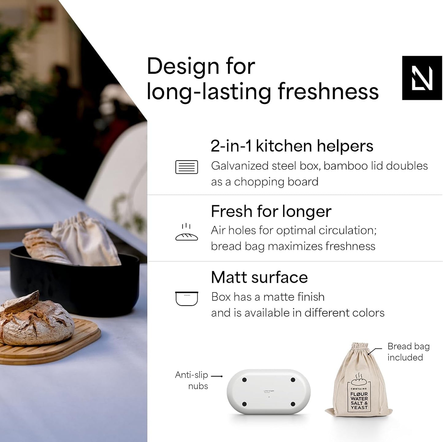 LARS NYSØM Bread Box I Metal Box with linen bag for long lasting freshness I Bread Bin with bamboo lid usable as cutting board I 14.2x7.5x5.1 In (Pure White)