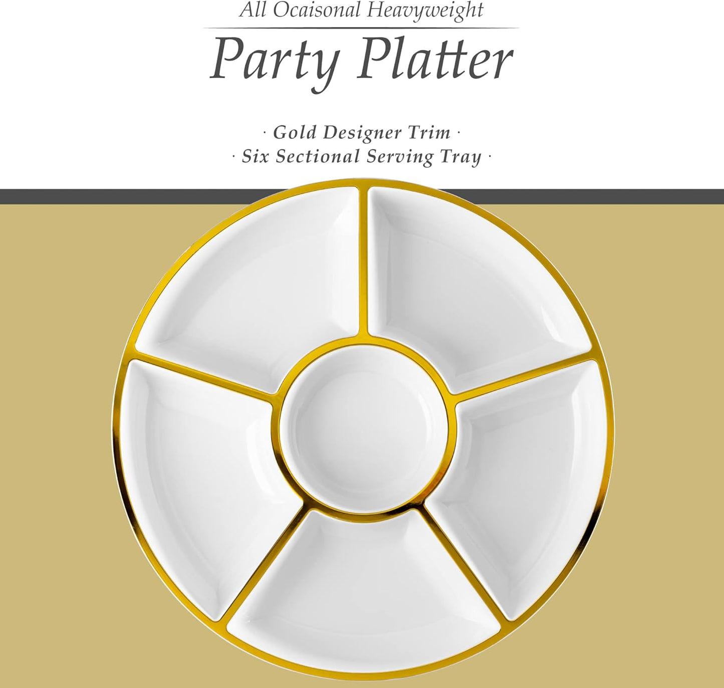 Plasticpro 6 Sectional Round Plastic Serving Tray/Platter (8, White & Gold)