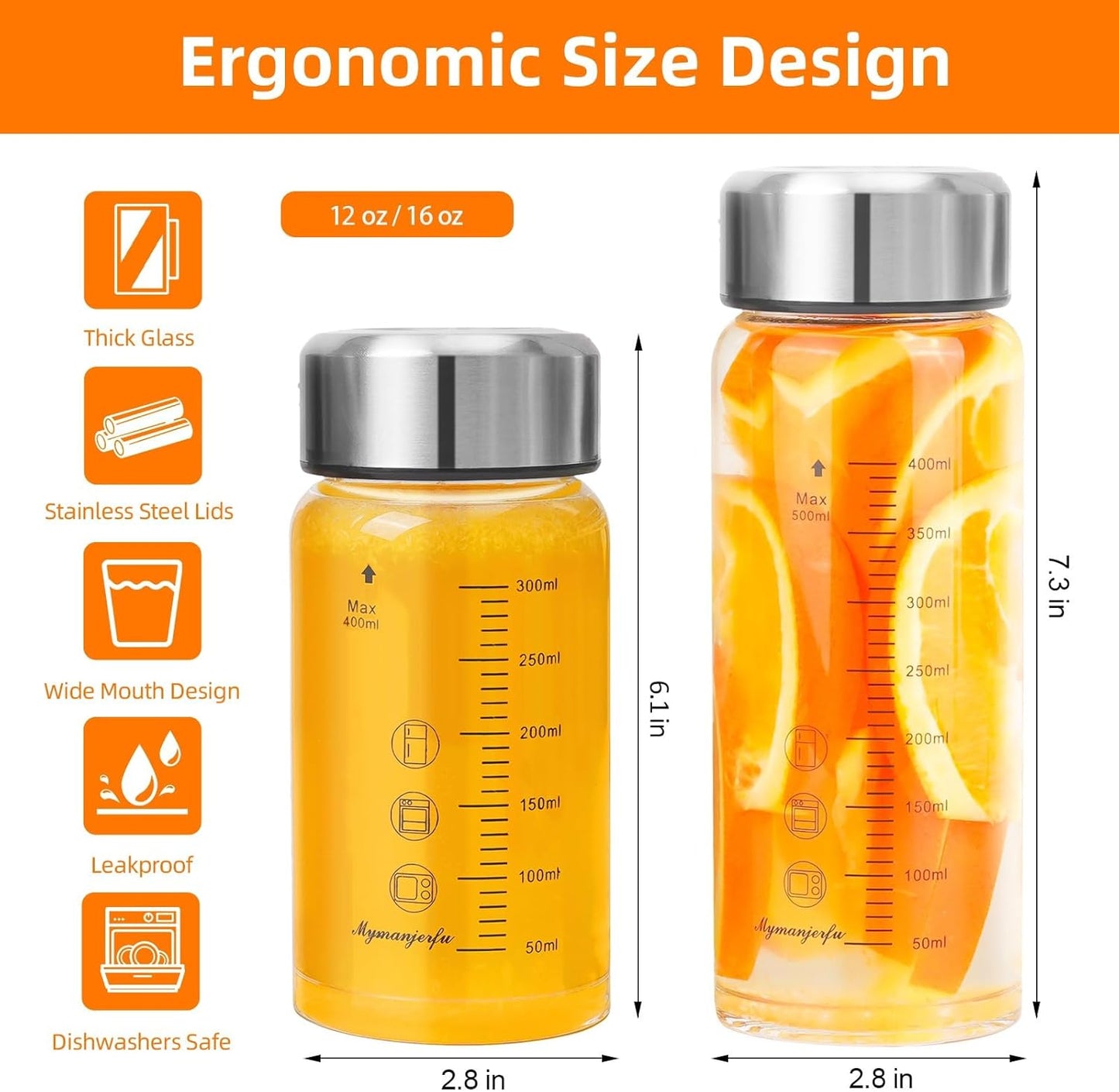 Glass Juice Bottles 4 Pack 12 oz - Wide Mouth Glass Water Bottles with Lids - for Juicing, Smoothies, Milk, Protein, BPA Free, Reusable, Stainless Steel Lids, Leak Proof, Shaker bottle (12oz/400ml)