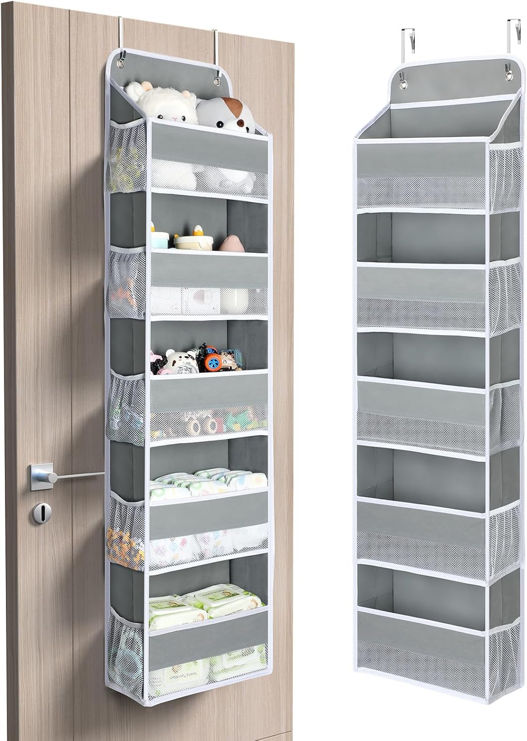Yecaye 1 Pc Over the Door Organizer with 5 Bins 10 Side Pockets, 44lbs Load Hanging Bathroom and Bedroom Organizer, behind the Door Hanging Organizers for Nursery Newborn Baby Essential Stuff Grey
