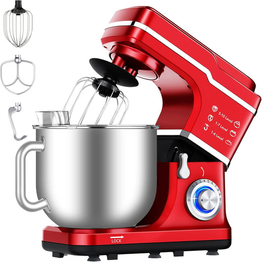Garvee 7.5QT Stand Food Mixer, 10-Speed Tilt Head 3-IN-1 Kitchen Electric Mixer with Stainless Steel Bowl, Egg Whisk, Dough Hook, Beater, Splash Guard, Compact Dough Mixer for Home Cooks, Red