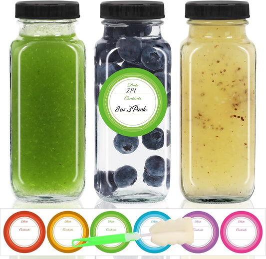 STARSIDE 8 oz 3 Pack Glass Juice Bottles with Lids - Square Reusable Drinking Jars for Juicing, Milk, Kombucha - Includes 1 Bottle Brush, 6 Colored Labels