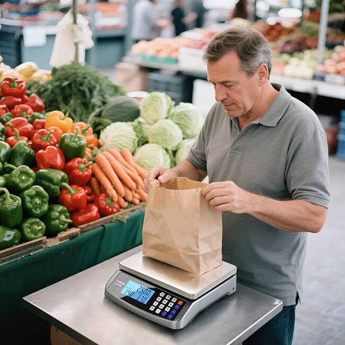110lb Food Scale, Commercial Kitchen Scale with Price Computing, Plug-in Usable, 0.05oz/1g, 304 Stainless Steel, for Cooking, Vegetables, Farm, Industry, Counting. LC300 Grey